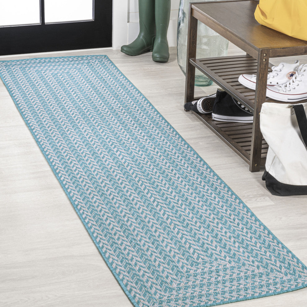 Chevron Modern Concentric Squares Indoor/Outdoor Area Rug, Aqua/Light Gray, 2x8