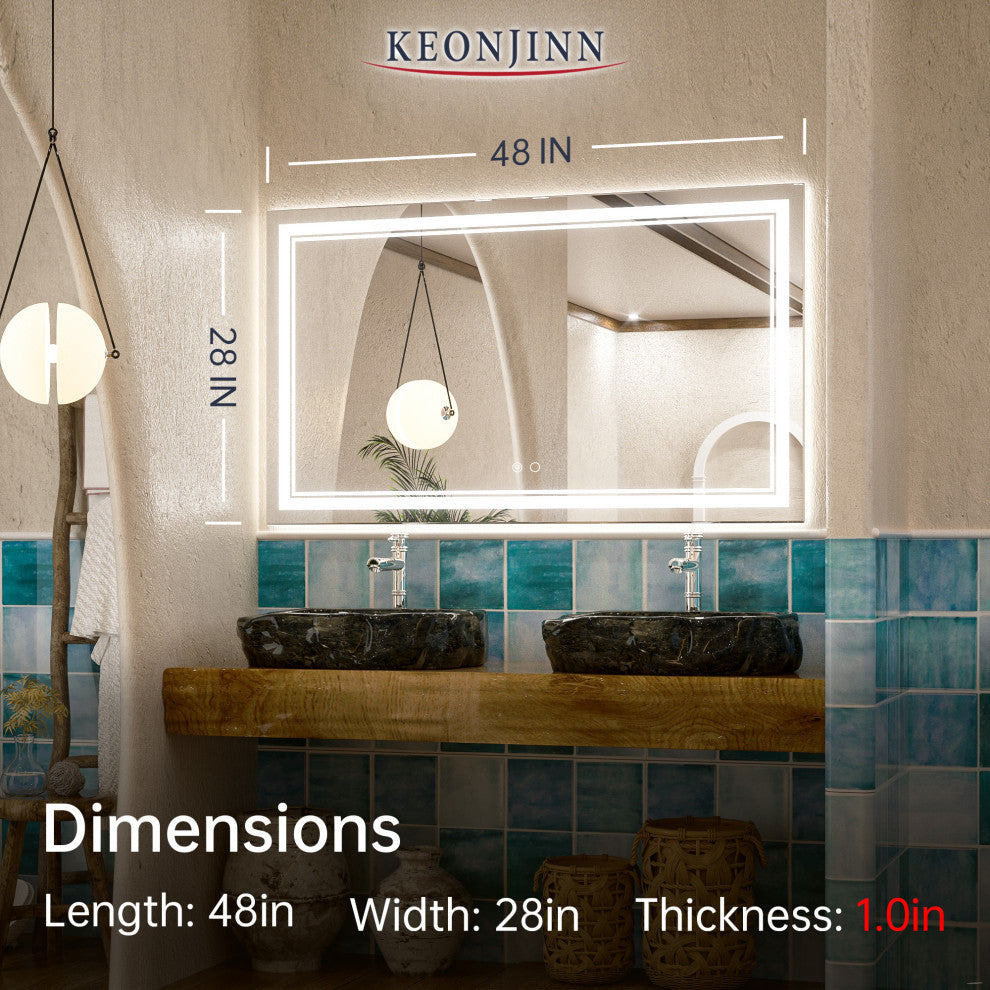 LED Bathroom Mirror, Anti-Fog Memory Dimmable IP54 Waterproof, 48"x30"