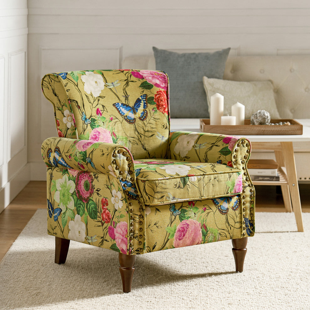 Wooden Upholstered Armchair, Mustard