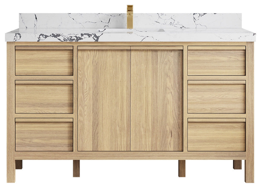 Elizabeth Oak 60" Single Sink Vanity, White 2" Viola Night