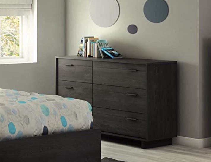 Contemporary Double Dresser, Asymmetrical Design With 6 Drawers, Gray Oak
