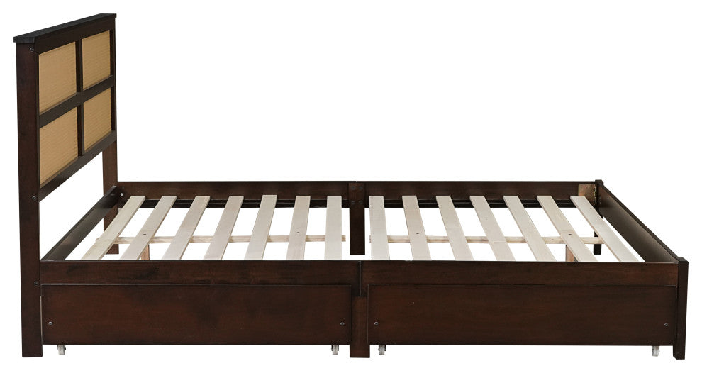 GDF Studio King Size Platform Bed, Rattan Headboard & Storage Drawers, Espresso