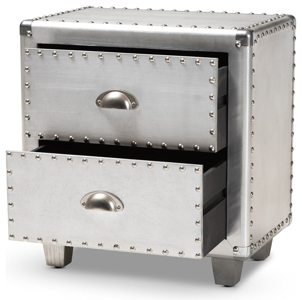 Natalie French Industrial Silver Metal 2-Drawer Nightstand