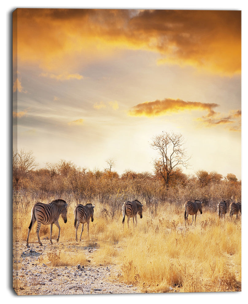 African Zebras Walking in Row, African Landscape Canvas Art Print, 30"x40"