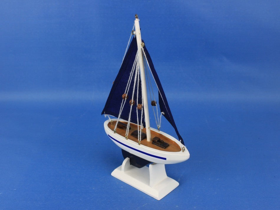Wooden Pacific Sailer With Blue Sails Model Sailboat Decoration, Blue, 9"