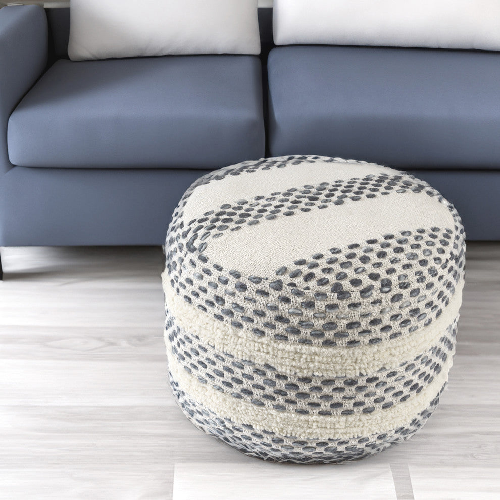 Quirk Rustic Striped Flatweave Cotton Blend  Pouf, White/ Navy