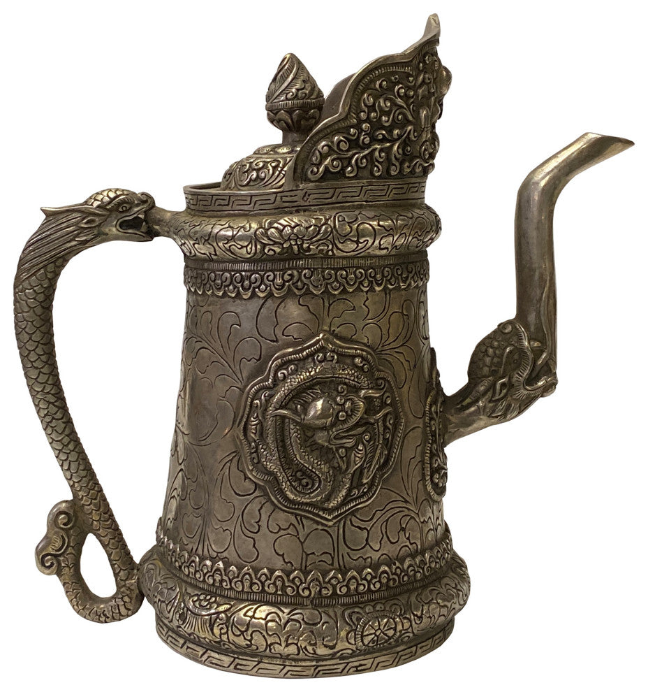 Chinese Handmade Metal Silver Color Dragons Vase Teapot Jar Display Hws1830