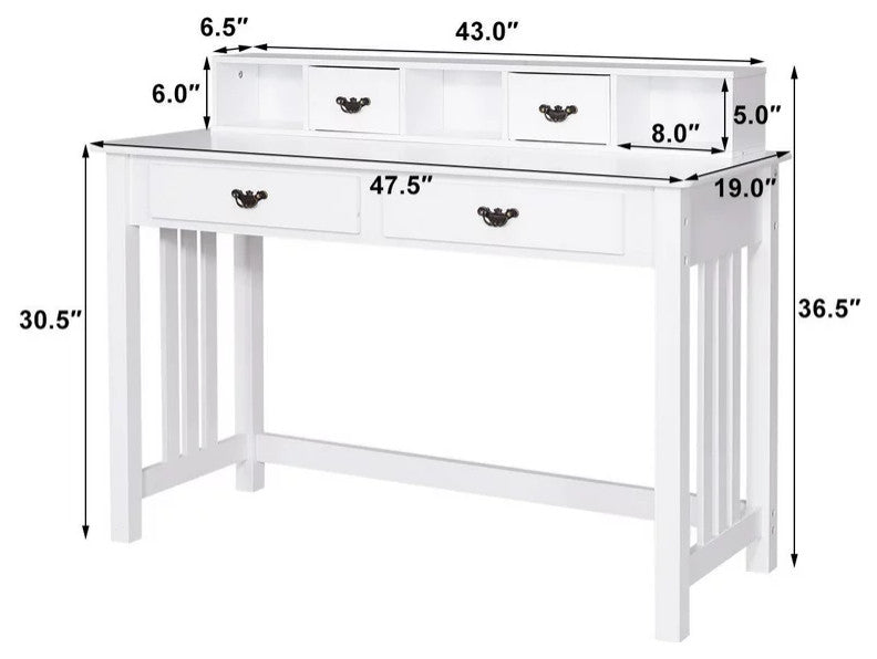 Traditional Desk, Pinewood Legs With Removable Shelf & Metal Handles, White