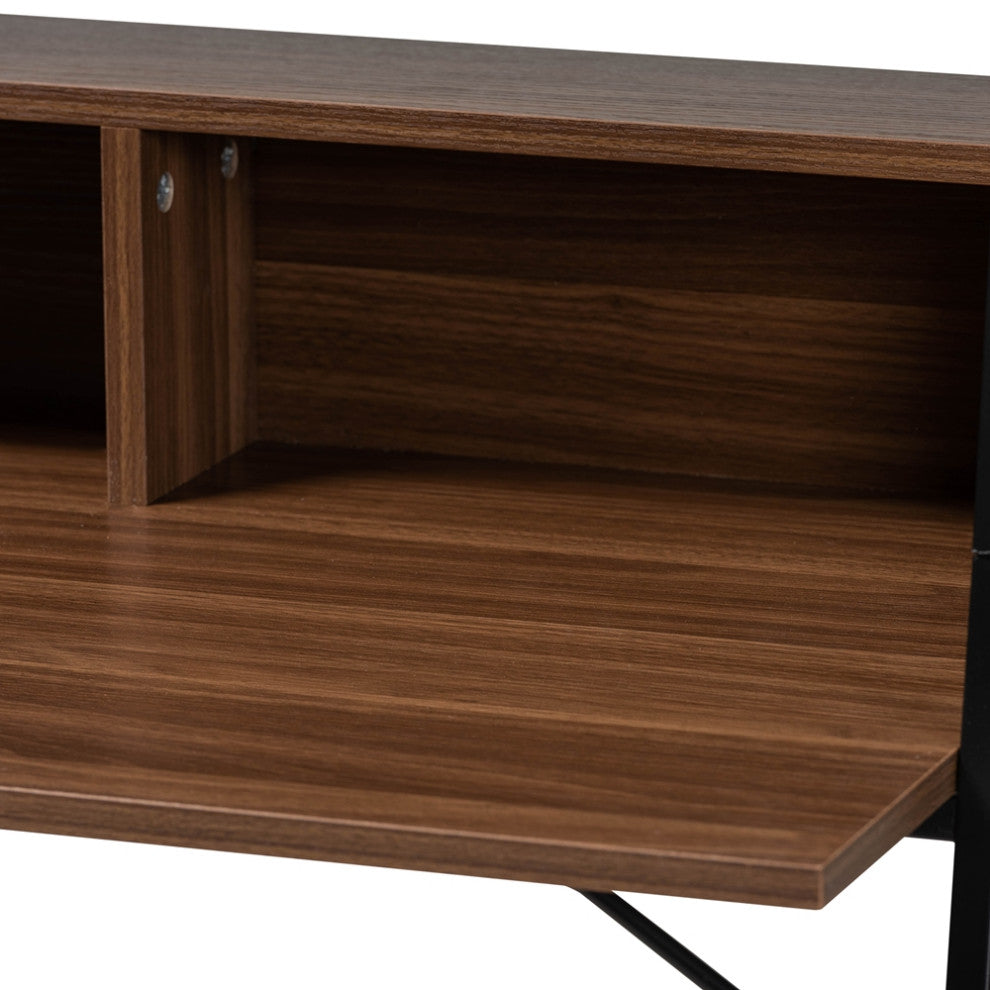 Modern Industrial Walnut Brown Finished Wood Black Metal Desk With Shelves