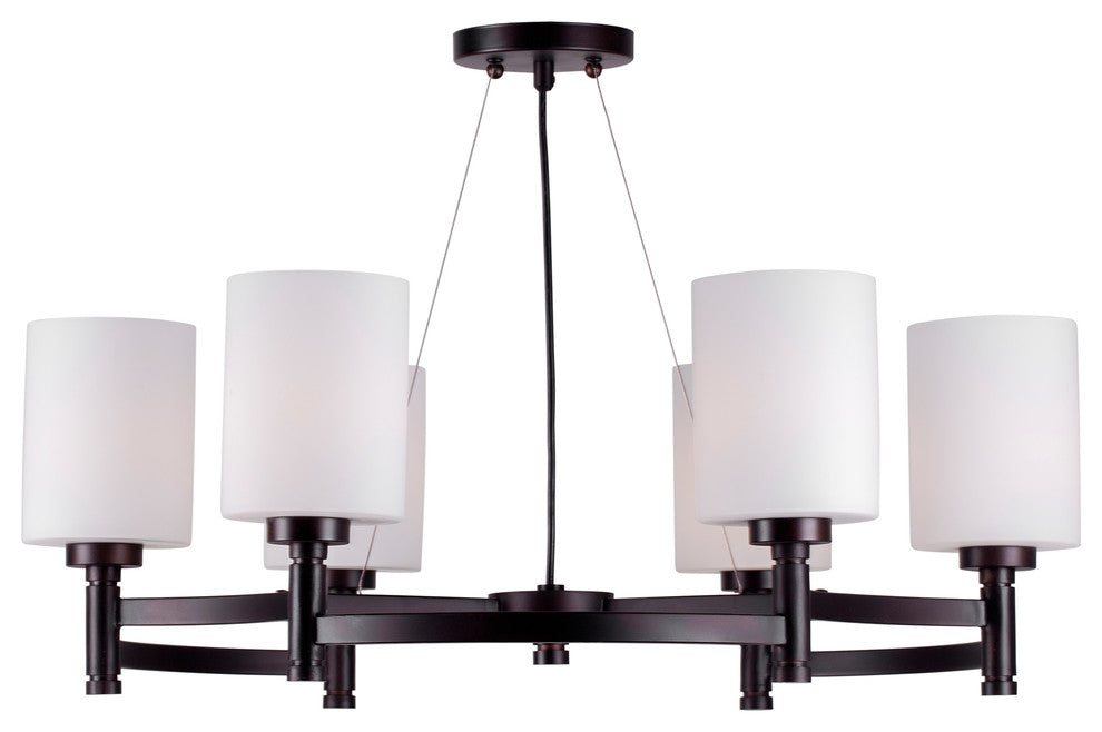 6 Light Chandelier, Antique Bronze, Satin Opal Glass