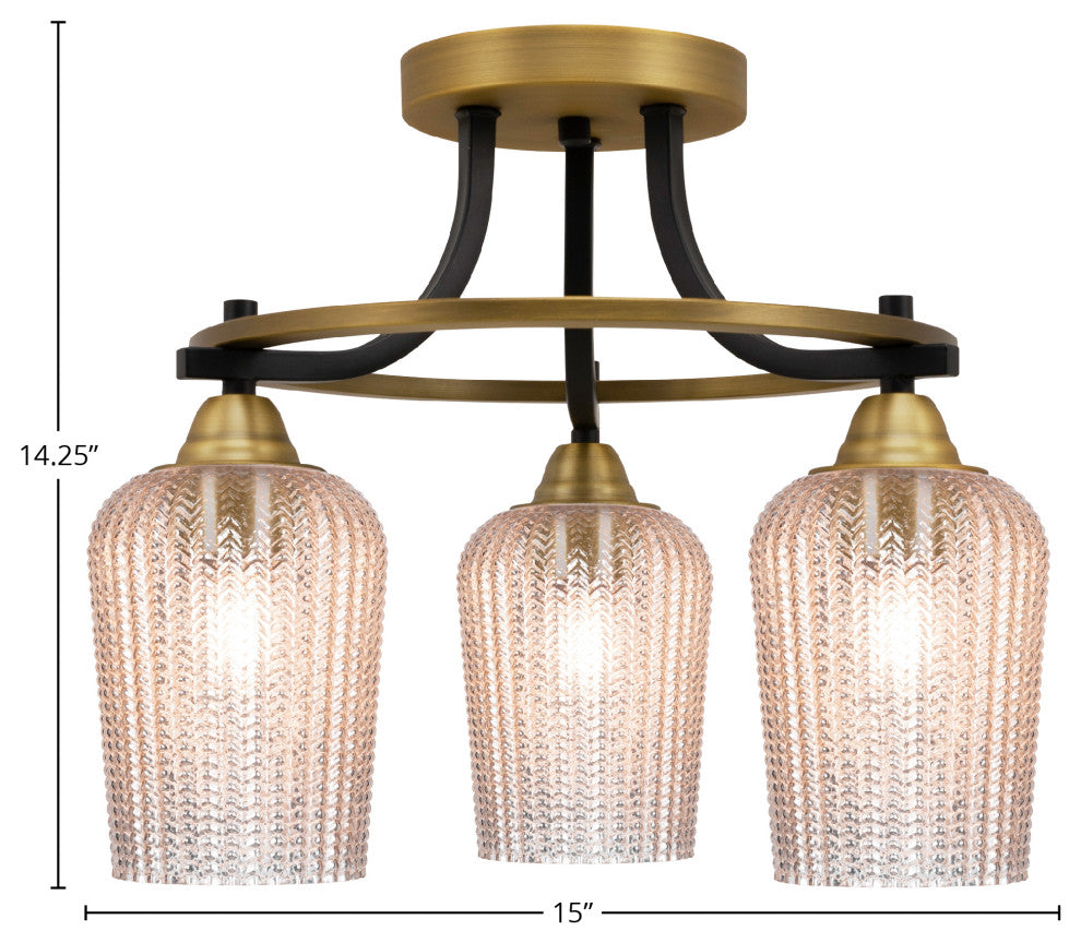Paramount 3-Light Semi-Flush Light, Matte Black & Brass, 5" Silver Textured
