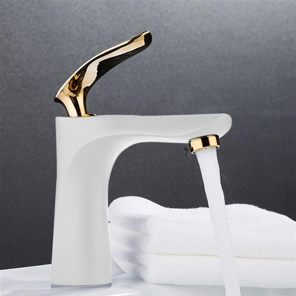 Lille Single Handle Long Reach Spout White and Gold Bathroom Faucet