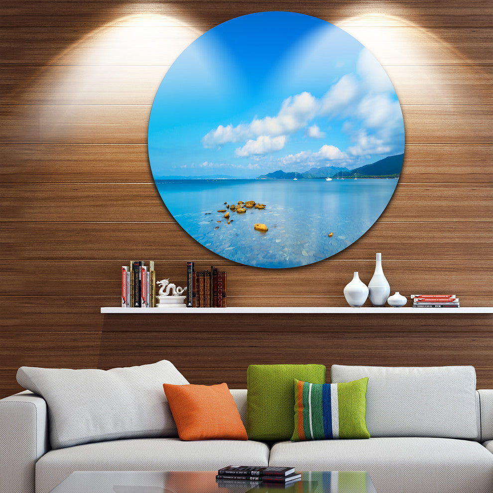 Rocks In A Blue Panoramic Sea Bay, Seashore Disc Metal Wall Art, 36"