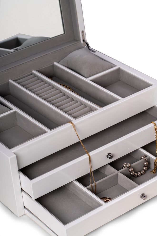 Large Jewelry Chest, Multi-Comparment Storage, White Lacquer
