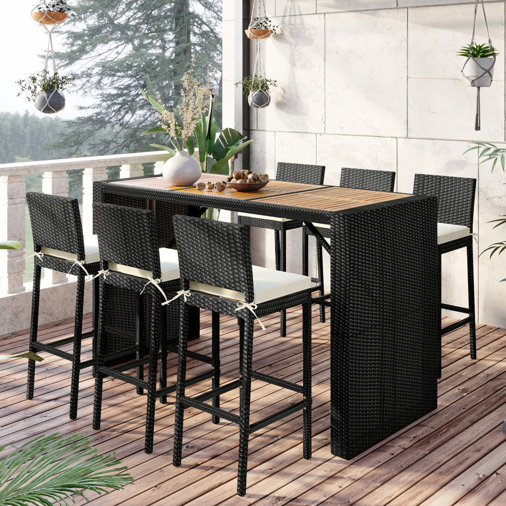 7 Pieces Outdoor Patio Bar Furniture Rattan Dining Table Set With Dining Chairs