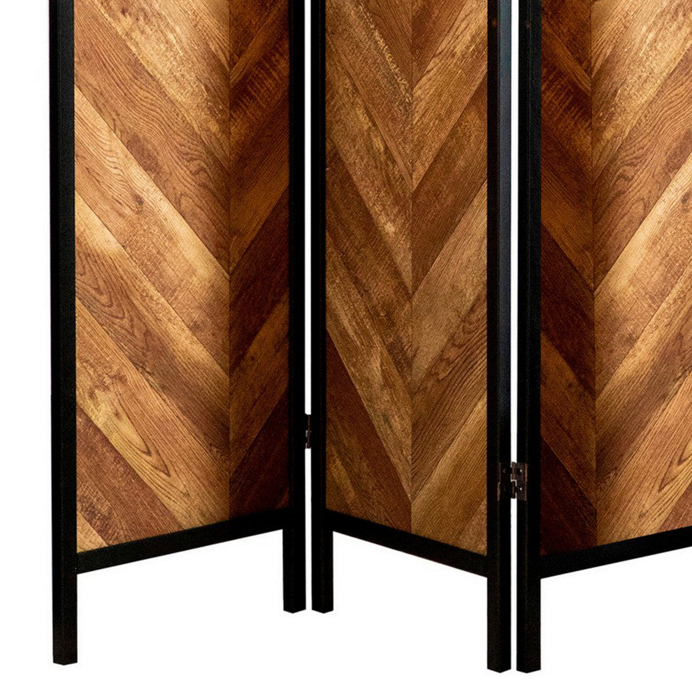 Benzara BM282036 Modern 3 Panel Folding Room Divider, Herringbone Pattern, Brown