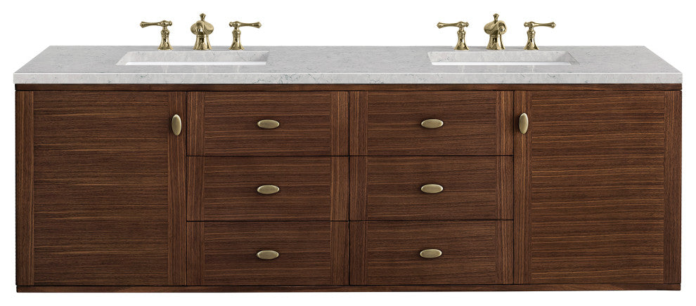 Amberly 30" Single Vanity, Mid-Century Walnut, 72", Eternal Jasmine Pearl, Three-Hole