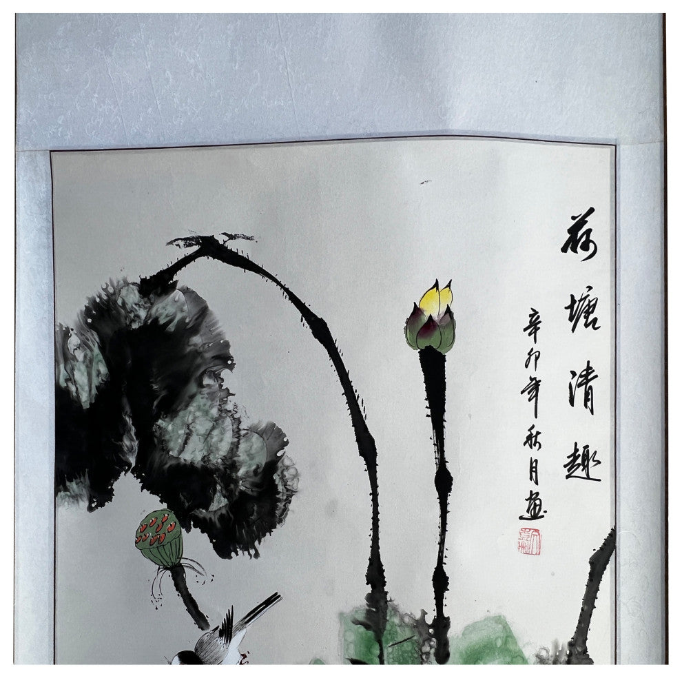 Chinese Color Ink Water Lotus Flowers Leaves Scroll Painting Wall Art Hws3043