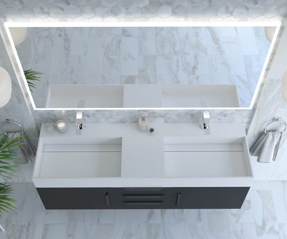 CastelloUSA Amazon 60" Wall Mounted Bathroom Vanity Set, Black, White Top, Black Handles