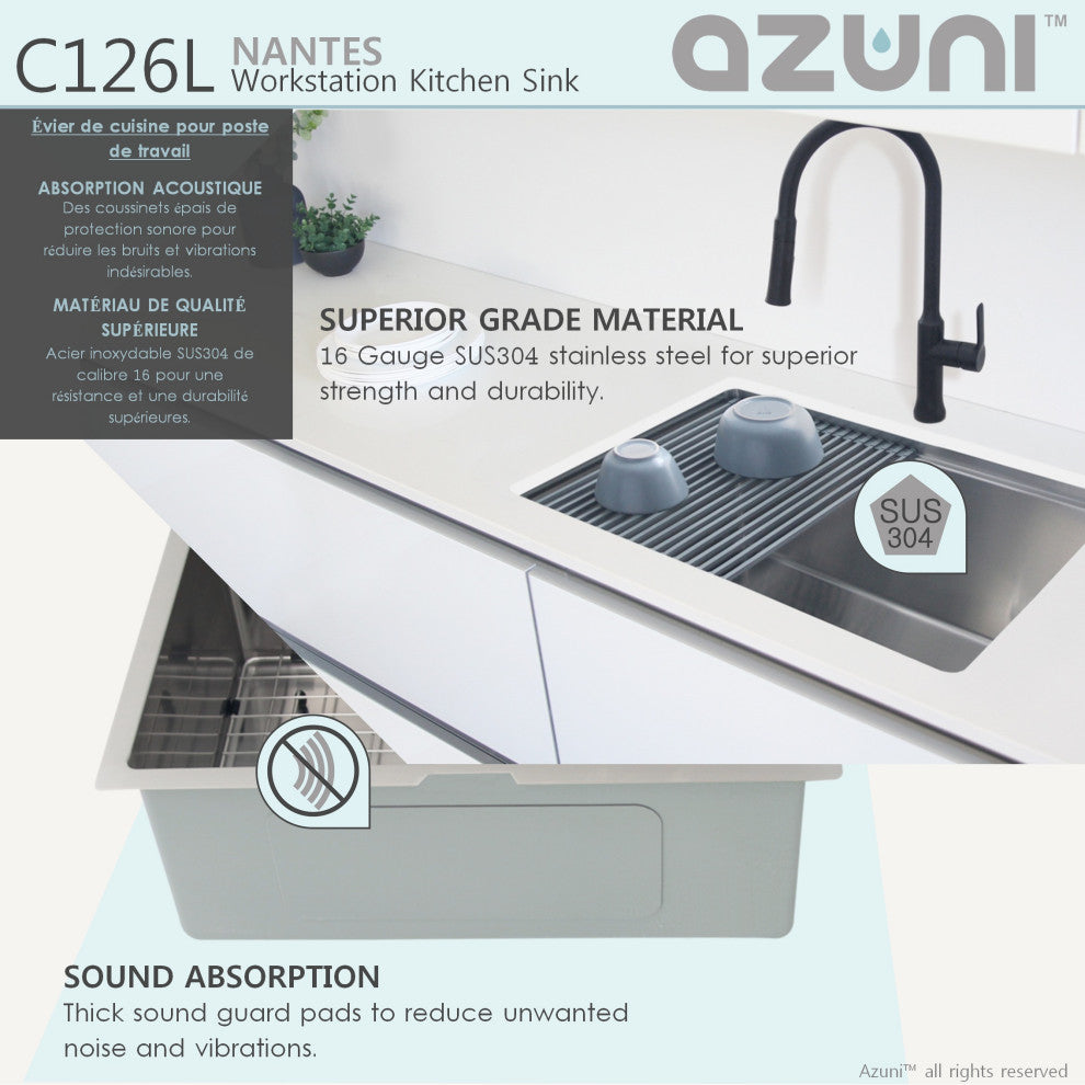 AZUNI 25"L x 19"L Single Bowl Undermount 16G Reversible Workstation Kitchen Sink