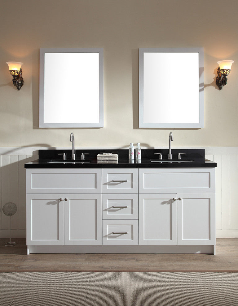 Hamlet 73" Double Sink Vanity Set With Absolute Black Granite Top, White