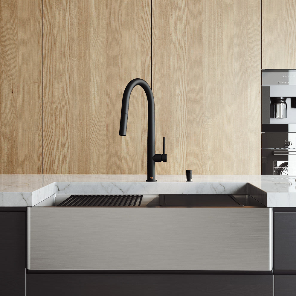 Oxford 36"L x 21"W Farmhouse Kitchen Sink and Greenwich 18"H in Black Faucet Set