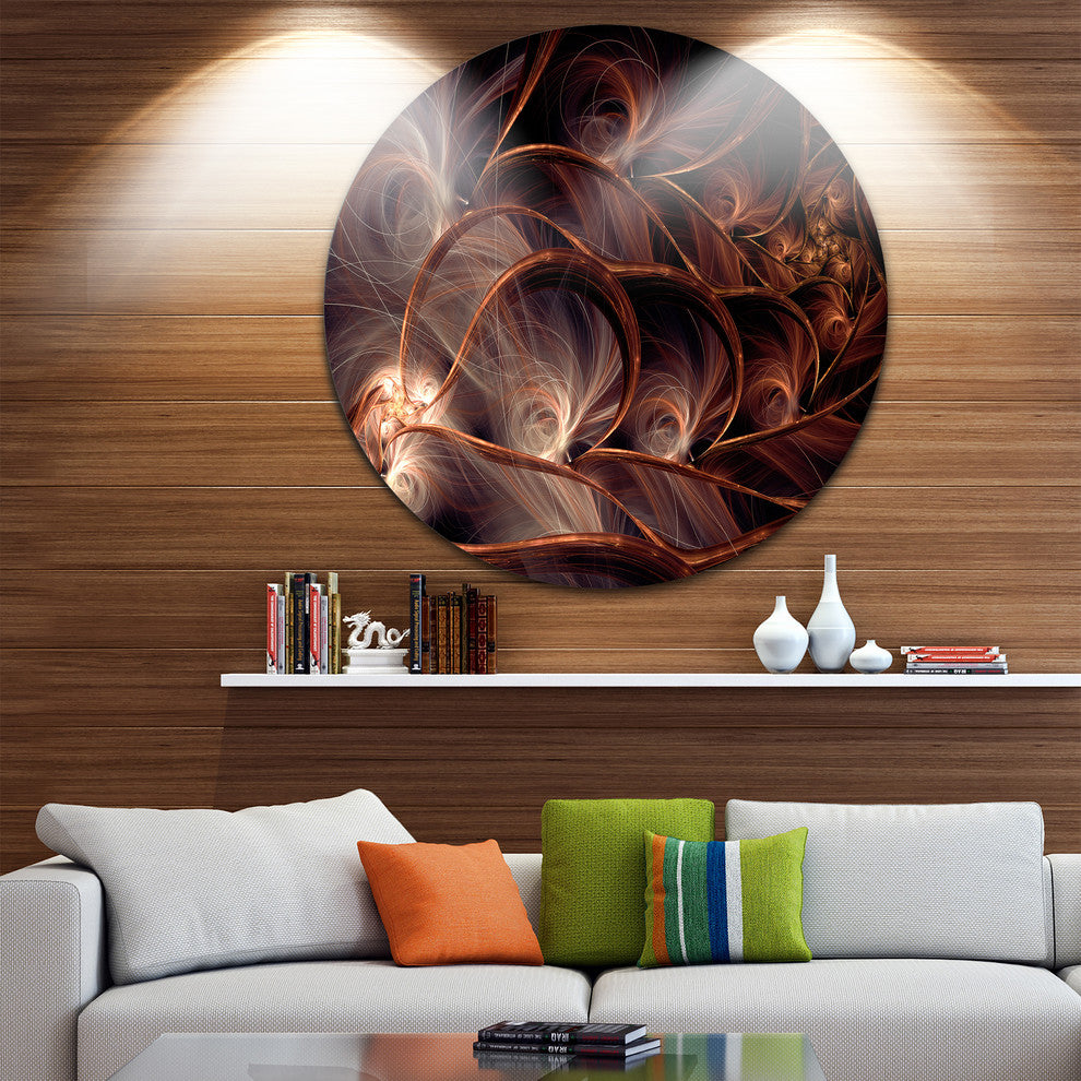 Glittering Brown Fractal Flower On Black, Floral Round Wall Art, 23"