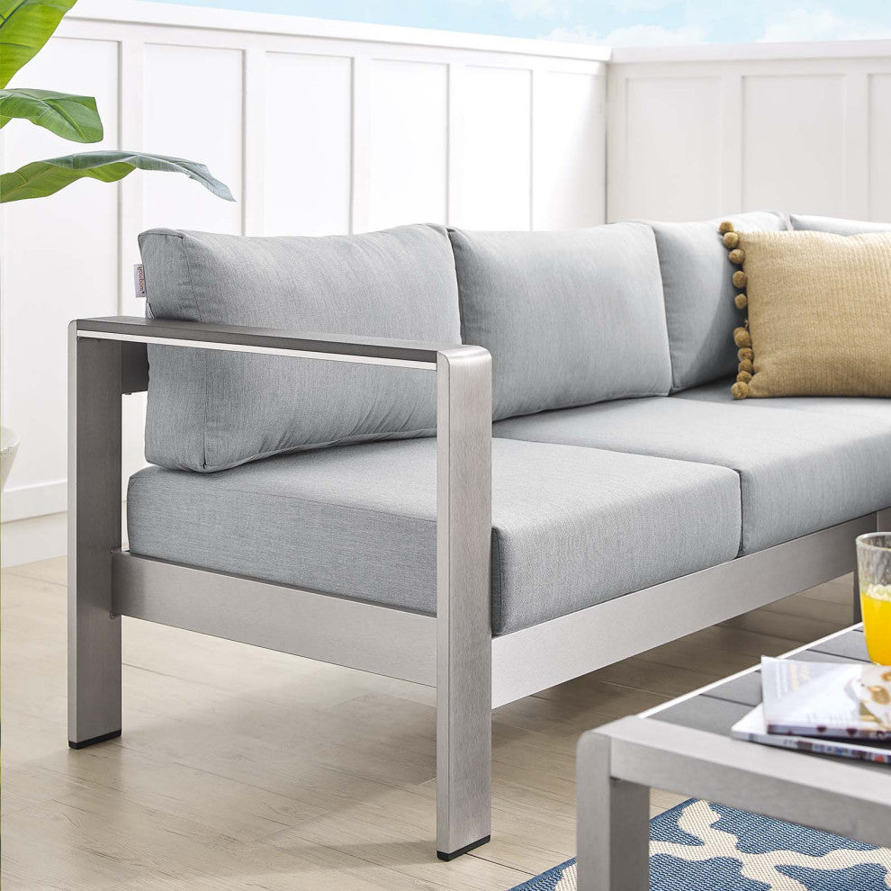 Sectional Sofa Chair Table Set, Sunbrella, Aluminum, Silver Gray, Outdoor