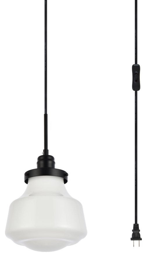 Leighton 1-Light Black and frosted White Glass Plug-In Pendant