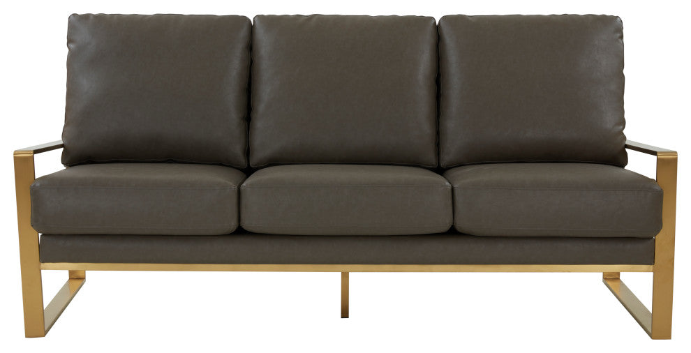 LeisureMod Jefferson Modern Design Faux Leather Sofa With Gold Frame, Gray