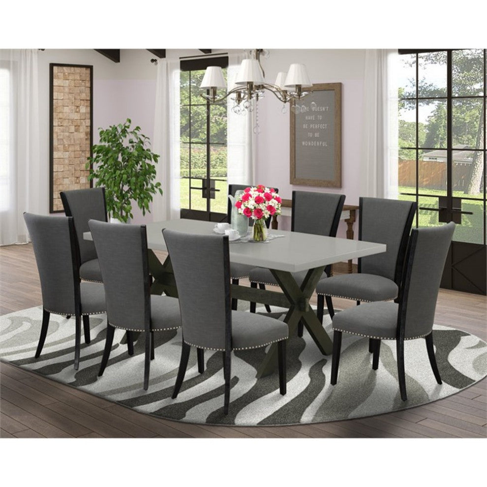 9-Piece Set, Table and 8 Chairs With Dark Gotham Gray, Linen Fabric and Cement