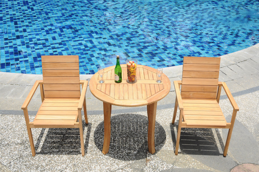 3-Piece Outdoor Teak Dining Set: 36" Round Table, 2 Alps Stacking Arm Chairs