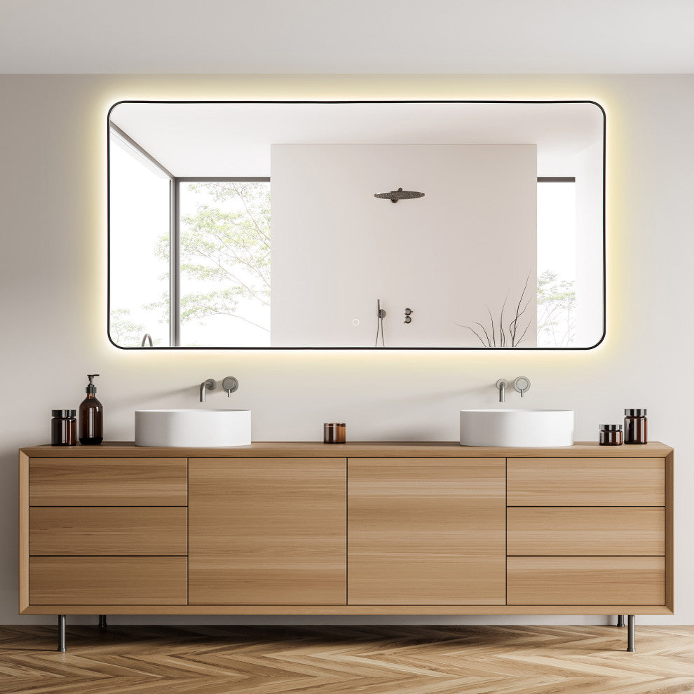 Dazzle Rectangular Bathroom/Vanity LED Lighted Wall Mirror, Matte Black, 72"