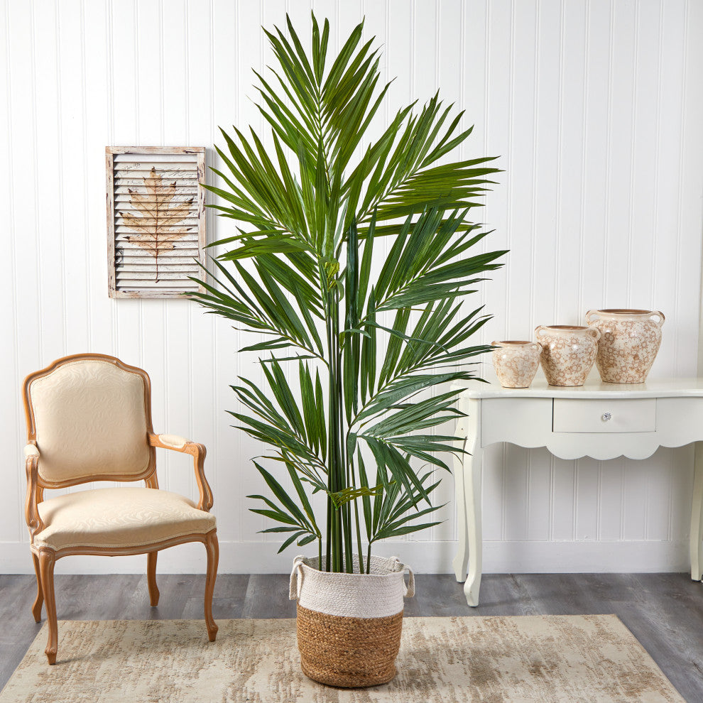 7' Kentia Artificial Palm, Handmade Natural Jute and Cotton Planter