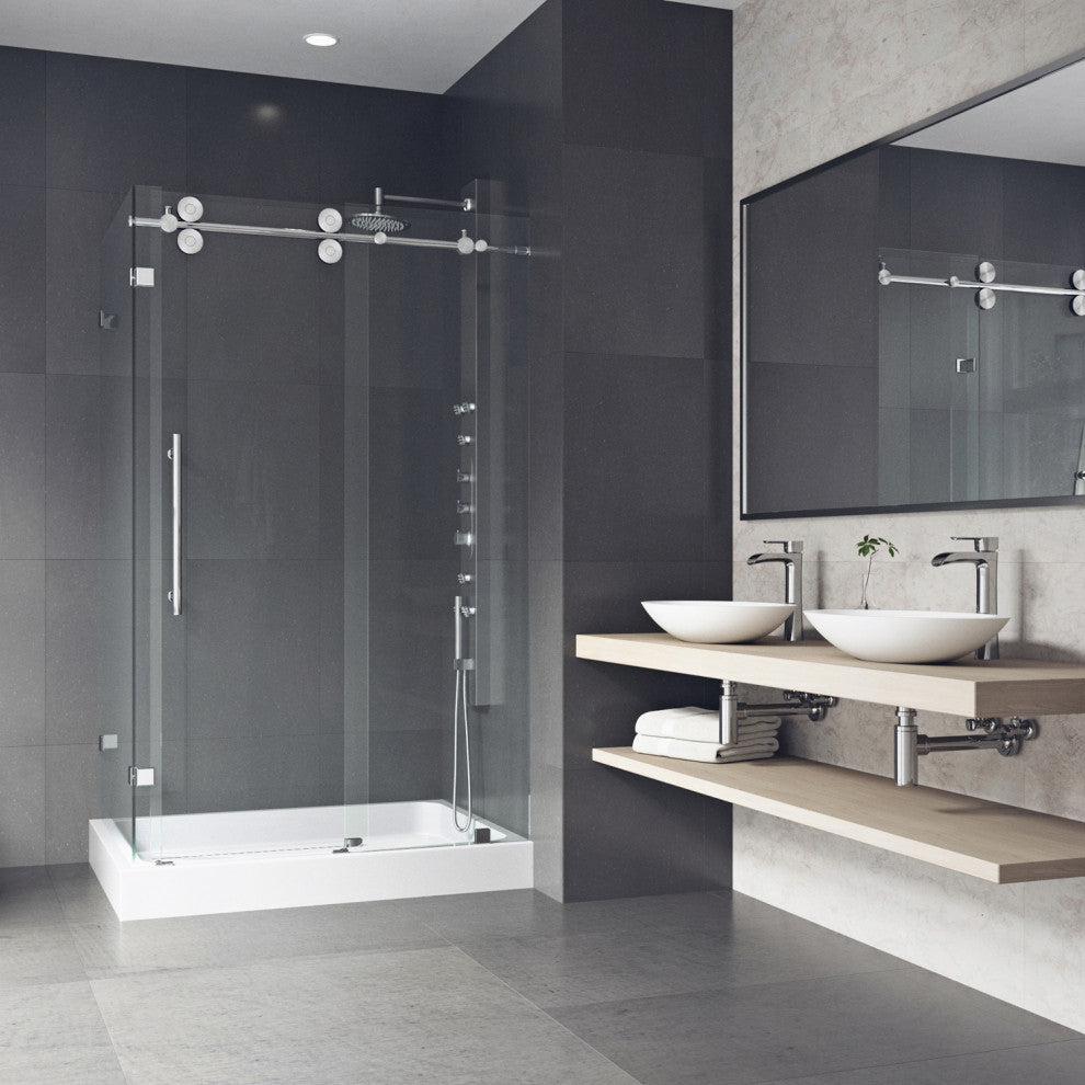 VIGO Winslow Frameless Sliding Shower Enclosure, Chrome, 36" D X 48" W X 80" H, Right Drain Base