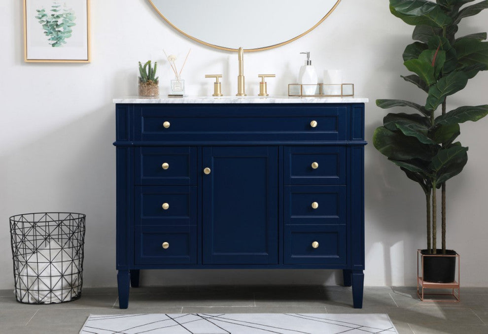 Home Living Vanity with Carrara White Marble Countertop, Blue, 42", Single Sink