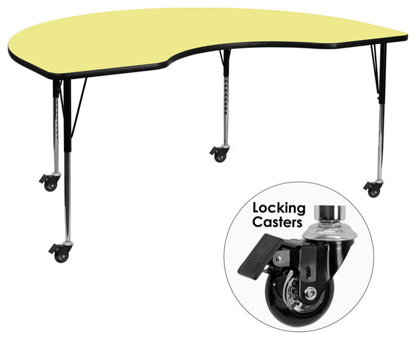 Mobile 48"x72" Kidney Yellow Thermal Laminate Activity Table, AdjustableLegs
