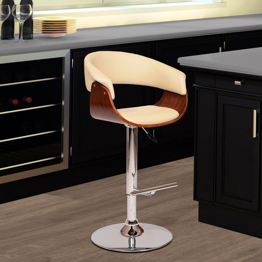 Deimer Swivel Barstool, Cream PU/Walnut Veneer and Chrome Base