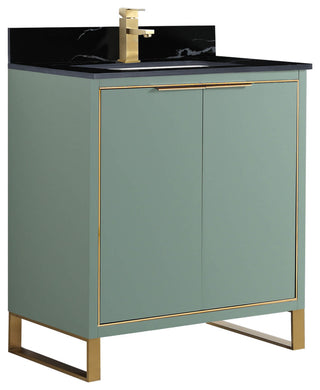 Opulence Bath Vanity, Mint Green, 30", Satin Brass Hardware, Black Marble Top