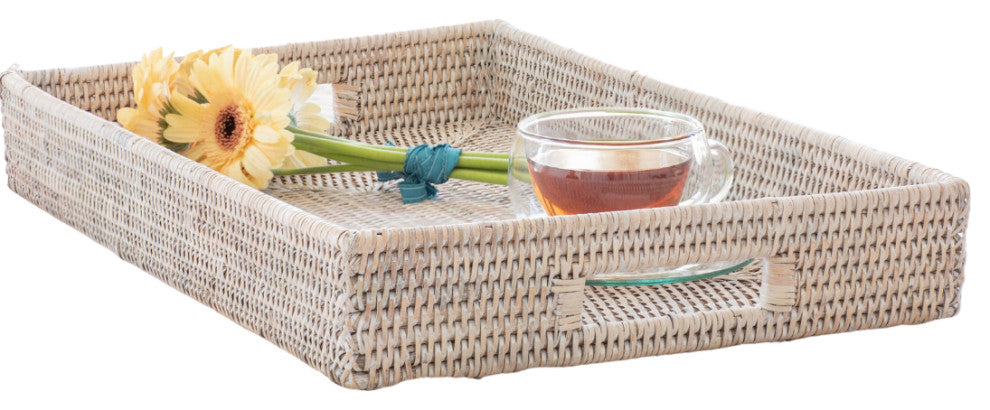 Artifacts Rattan Rectangular Tray With Cutout Handles, White Wash, Large