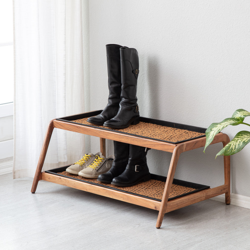 Double-Tier Natural Stand With 3-Pair Rubber Boot Trays Irish Lion