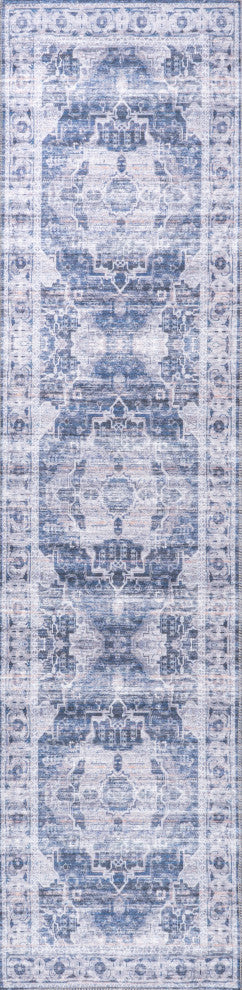 Alanya Ornate Medallion Machine Washable Indoor Area Rug, Navy/Cream, 2 X 8
