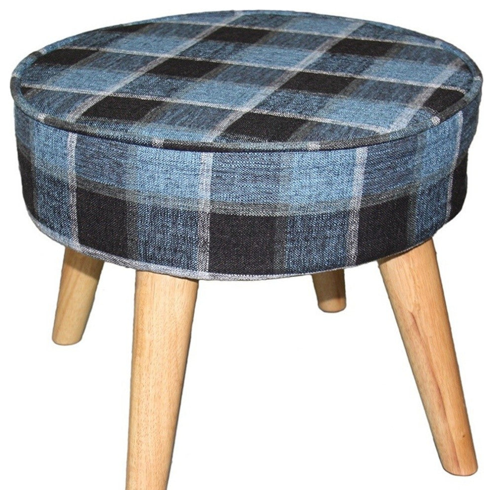 Useful Blue Gray Black Plaid Traditional Foot Stool