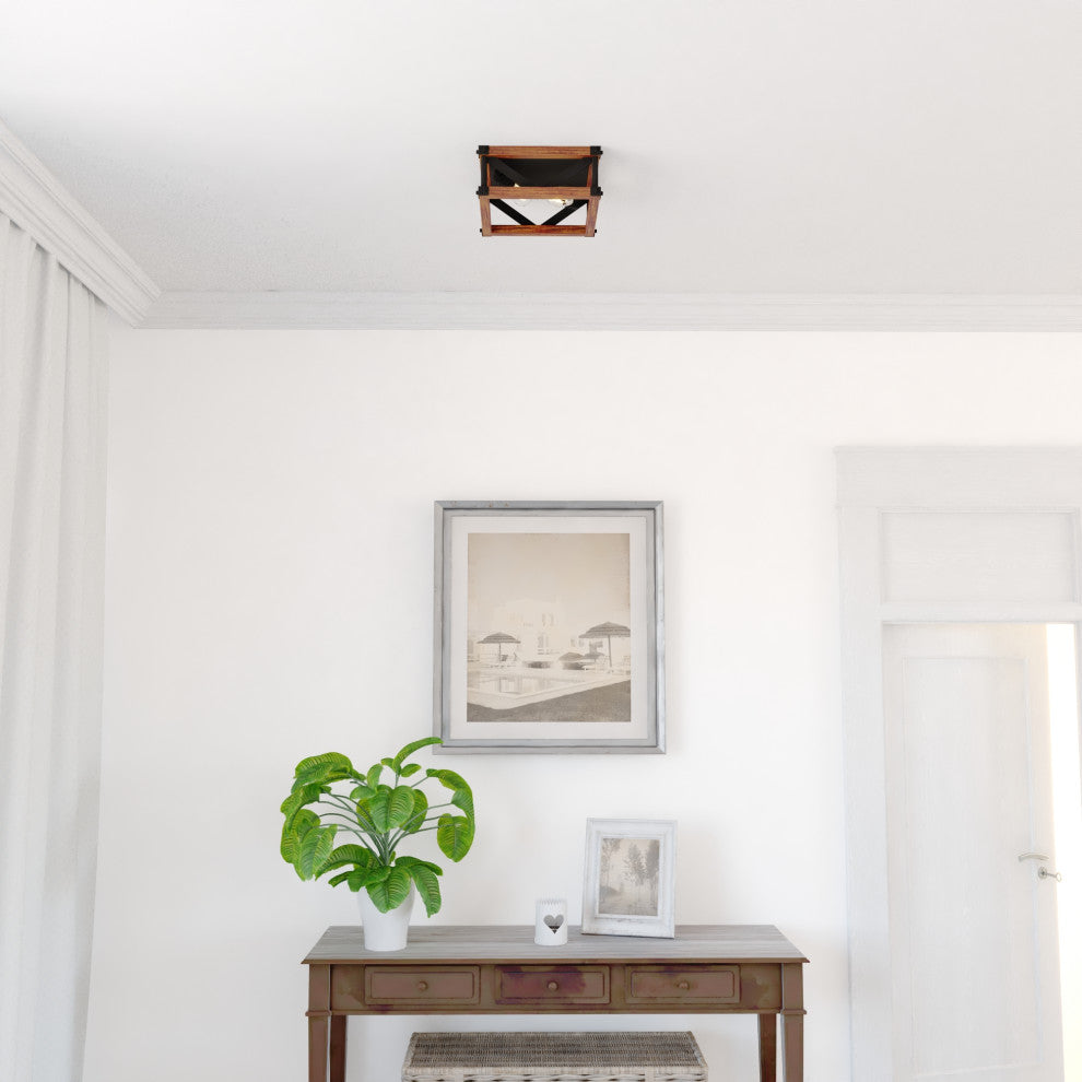 Wade 13" 2 Light Flush Mount Matte Black and Sycamore