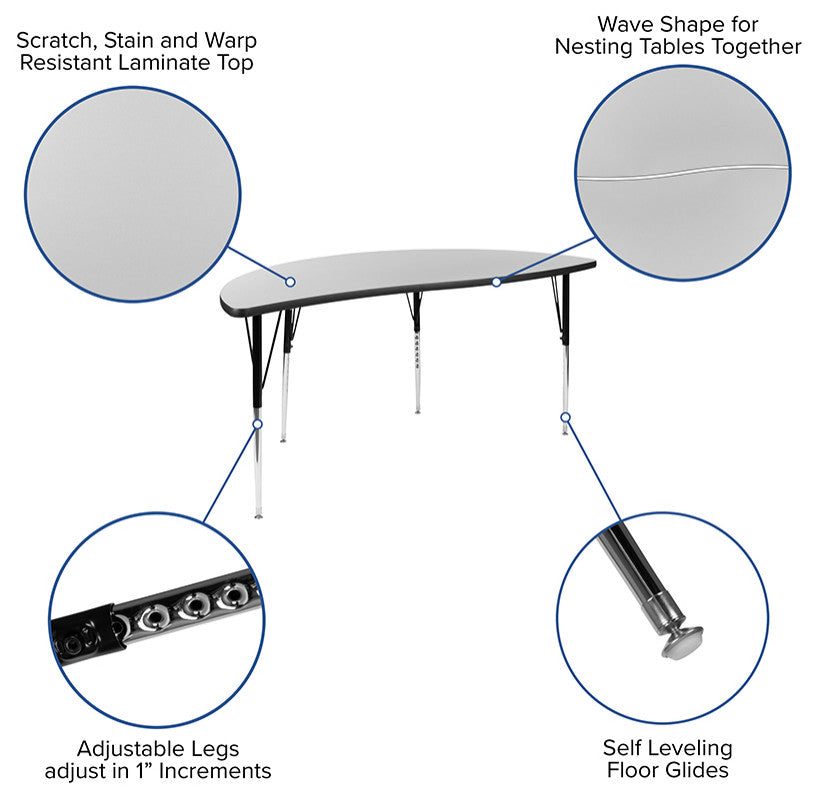 3 Piece 86" Oval Wave Activity Table Set - Standard Height Adj. Legs, Grey