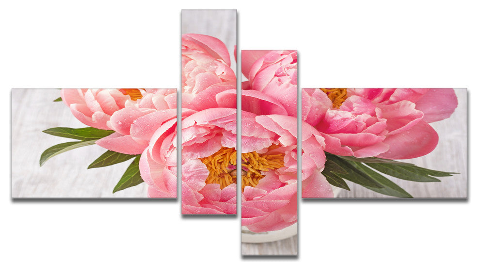 Peony Flowers on White Floor, Floral Canvas Art Print, 60"x32", 4 panels