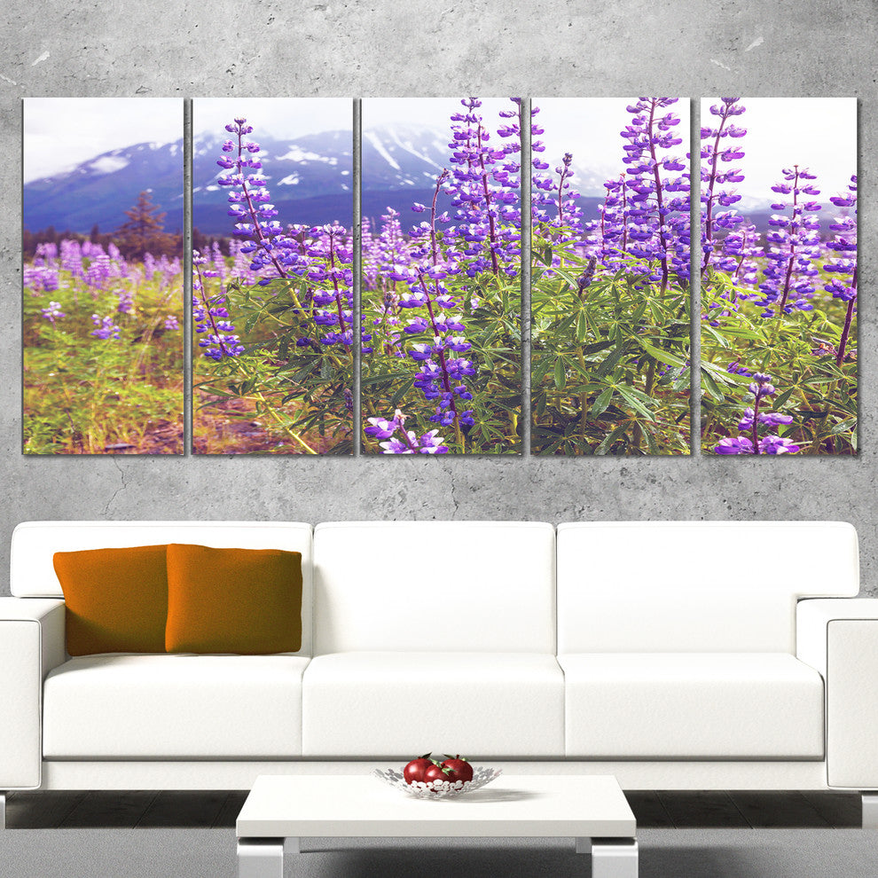 Meadow in Alaska with Purple Flowers, Floral Canvas Art Print, 60"x28", 5 Panels