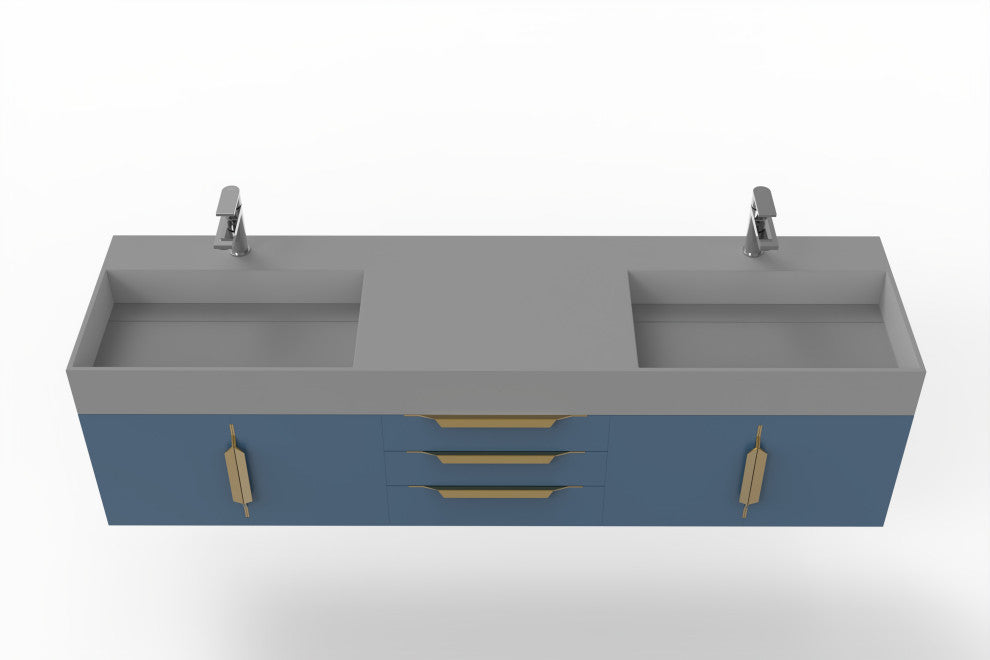 CastelloUSA Amazon 72" Wall Mounted Vanity Set, Blue, Gray Top, Gold Handles