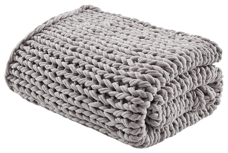 Madison Park Chunky Double Knit Handmade Throw Blanket, Blush, Light Grey