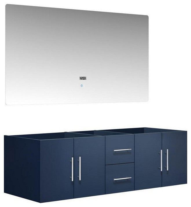 Geneva Transitional Navy Blue 60" Double Vanity with 60" Led Mirror, no Top